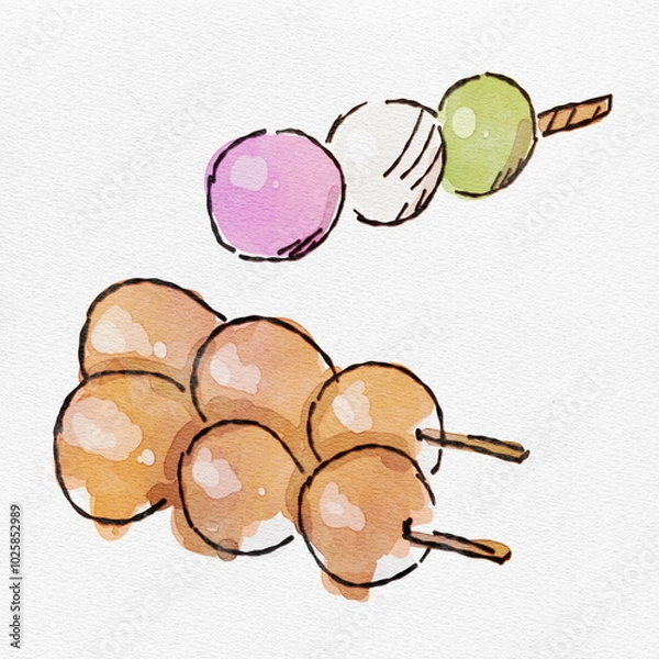 Obraz  水彩 月見の夜を彩る、団子の手描きイラストセット