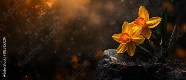 Fototapeta  Two yellow daffodils atop a rock against a dark backdrop, dripping with water