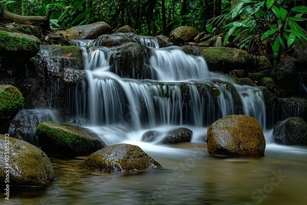 Fototapeta Cascading waterfall over moss-covered rocks in a dense tropical forest.