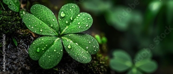 Fototapeta  A tight shot of a four-leaf clover, dewdrops glistening on its leaves, against a backdrop of green grass