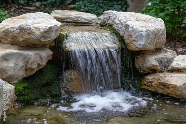 Fototapeta Small garden waterfall with moss-covered rocks and clear flowing water.