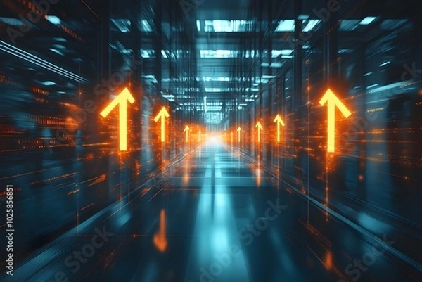 Fototapeta Glowing Holographic Arrows Ascending in Futuristic Office Symbolizing Business Growth and Innovation