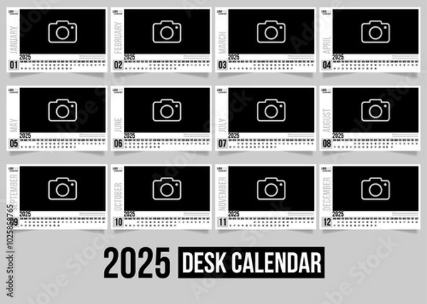 Fototapeta 2025 Elegant Minimalist Desk Calendar Template - Black and White Design, 12 Pages for Easy Print