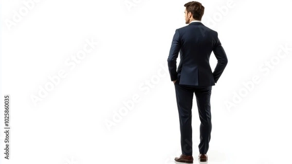 Fototapeta Full-body back view of man in professional business suit, standing confidently on white background. Ready for success
