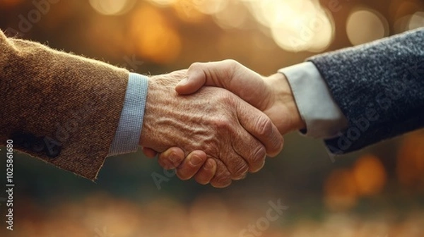 Fototapeta Handshake, old man's hand and young man's hand, close-up, on light background, great quality and texture