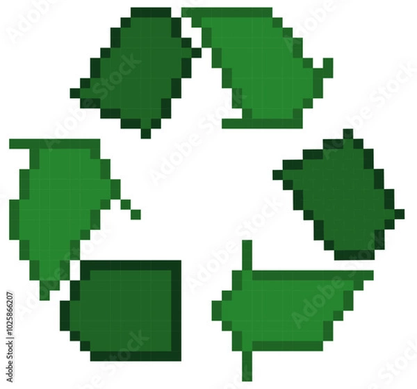 Fototapeta Recycling symbol pixel art icon, retro vector illustration.