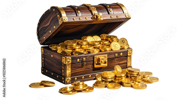 Fototapeta Set Of Treasure chest filled with gold coins on transparent background....
