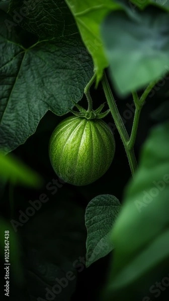 Obraz leaves in focus, stem supporting a round fruit, backdrop dark