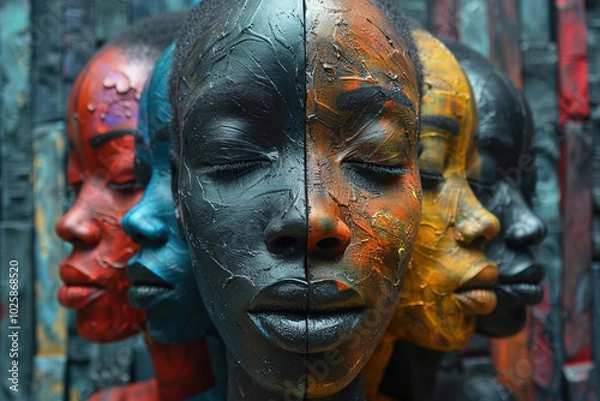 Fototapeta Artistic representation showcasing the impact of racism through diverse painted faces in a gallery