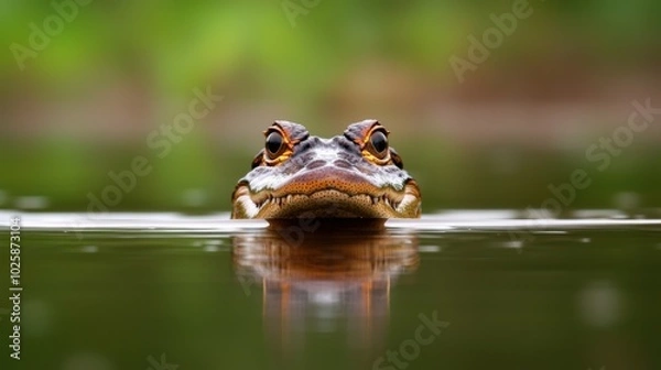Fototapeta Alligator emerging from a swamp, its eyes just above the water's surface