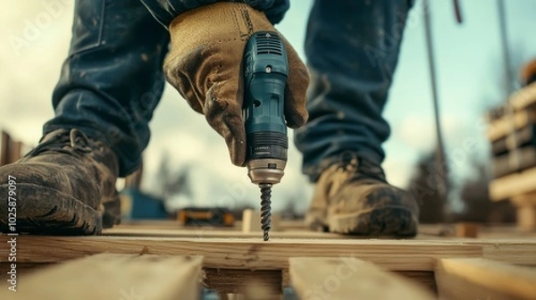 Fototapeta Construction Worker Using Cordless Impact Driver to Screw Wood