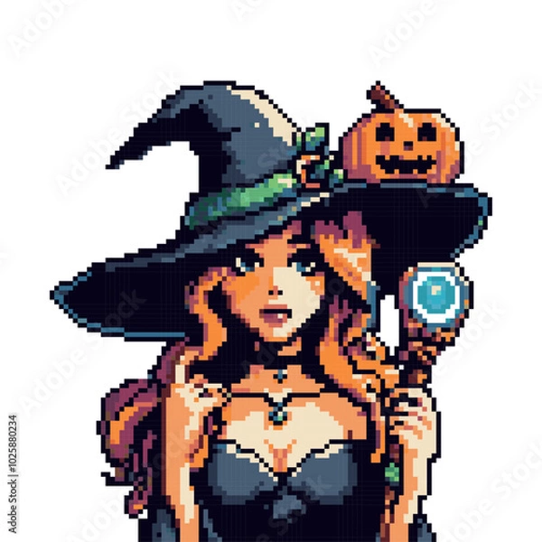 Fototapeta Pixel art witch holding magical staff. Witch with long wavy hair wearing a black hat adorned with a pumpkin.
