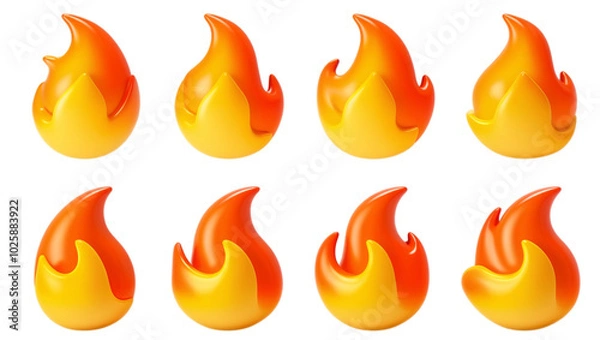Fototapeta Grid Layout of Eight Identical Flame Emojis Two Rows of Four Against White Background, Featuring Vibrant Yellow to Deep Orange Gradient, Cartoonish Design, and Glossy Three-Dimensional Look, 3D Render