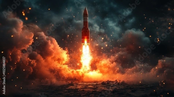 Fototapeta Launch of a red rockets. Successful defeat competition concept 