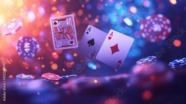 Fototapeta A pile of poker chips and a card with the letters AK on it