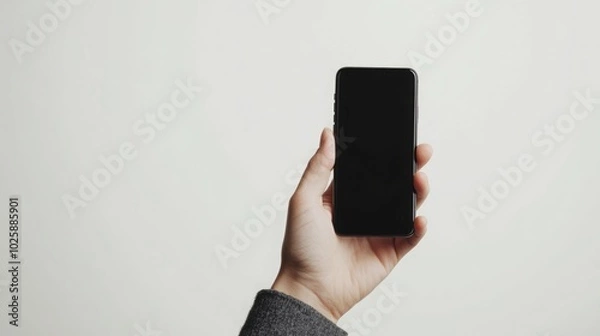 Fototapeta A hand holding a black smartphone with a blank screen.