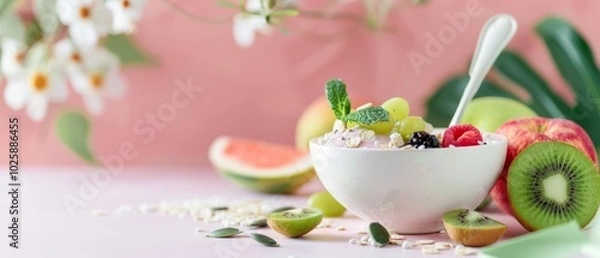 Fototapeta A colorful bowl of fresh fruits and oats on a pastel surface, surrounded by a vibrant, natural setting.