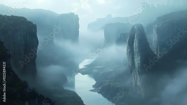 Fototapeta A serene scene capturing the ethereal beauty of foggy weather in a mountain range, where soft tendrils of mist weave through the valleys, creating a silent and tranquil atmosphere amidst towering 