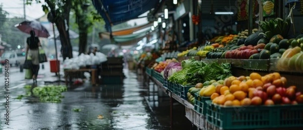 Obraz An expansive view of a rainy street market features a vivid selection of fruits and vegetables, fostering a sense of community and sustainability.