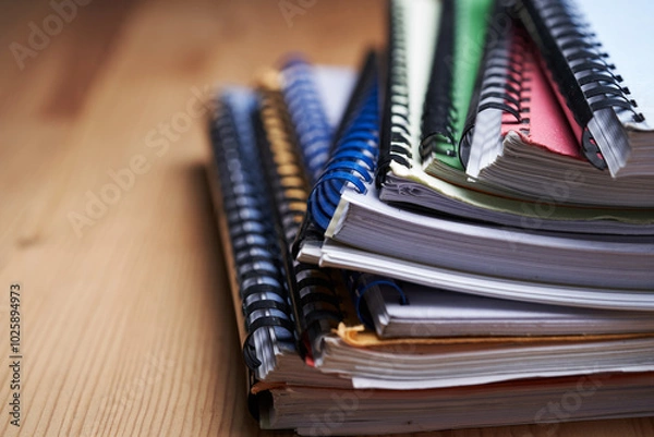 Fototapeta Stack of binding documents with plastic spiral close-up