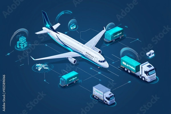 Fototapeta Airplane, trucks, and containers connected by digital network.