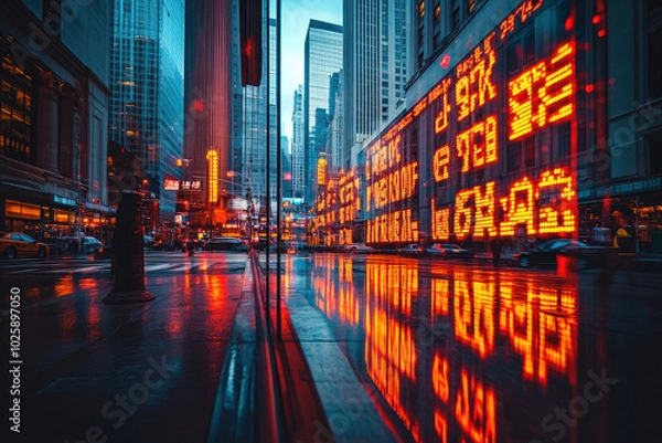 Fototapeta Cityscape with Illuminated Stock Market Ticker Reflected on Wet Street 