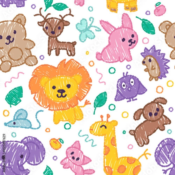 Fototapeta Seamless pattern with crayon children drawing. Vector cartoon doodle illustration with cute animals for textile printing or notebook cover, kindergarten design 