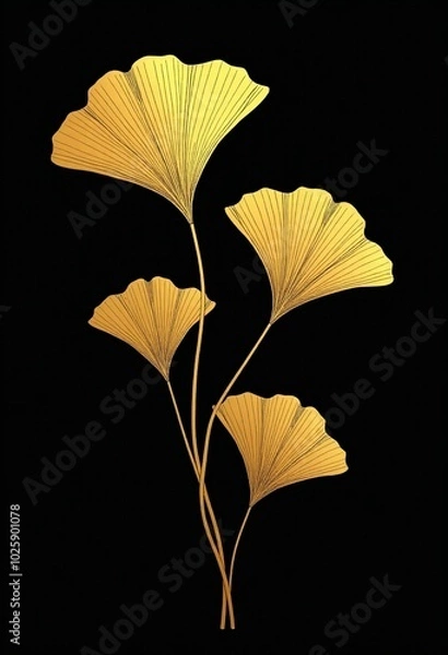 Fototapeta Elegant Line Art of Golden Ginkgo Leaves: A Minimalist Botanical Illustration in Luxurious Art Deco Style with Metallic Sheen on Black Background
