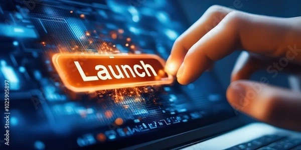 Fototapeta  Glowing "Launch" button on laptop screen, symbolizing the start of a new digital project or product release, highlighting innovation and tech-driven progress.