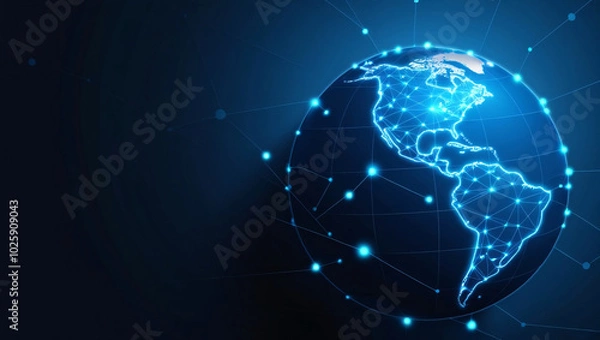 Fototapeta Stylized Digital Earth Focusing on the Western Hemisphere, Featuring Glowing Blue Lines and Dots Against a Dark Background, Highlighting Connectivity and Technology