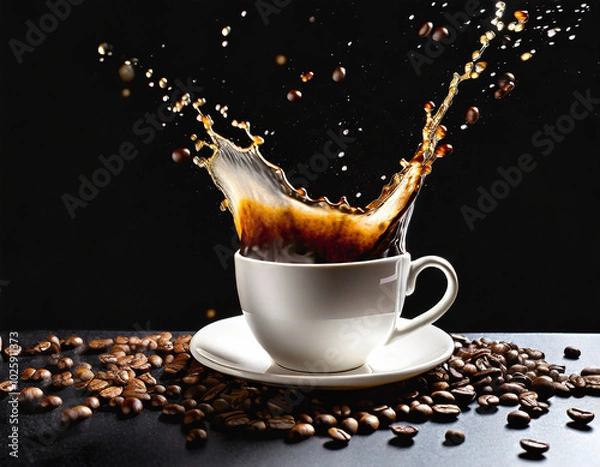 Fototapeta Hot coffee splashes out of a white cup beside scattered coffee beans on a dark surface