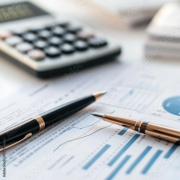 Fototapeta Close-up of Pens and Calculator on a Business Financial Report with Charts and Graphs.