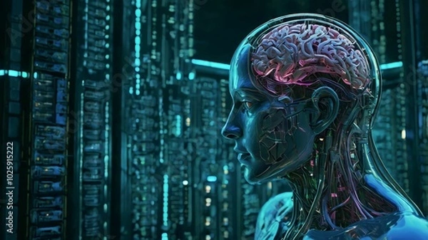 Obraz A translucent android head with a glowing brain, set against a futuristic circuit board background.
