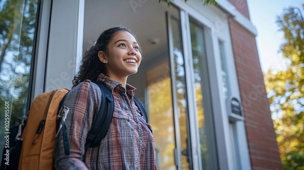 Fototapeta Excited Student Arrives at New College Dormitory for First Time