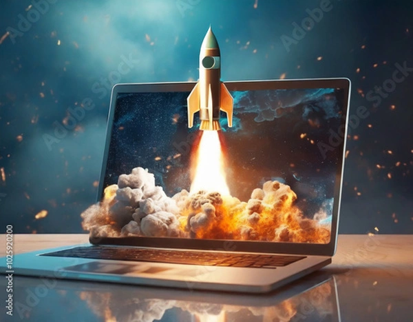 Fototapeta A rocket launches from a laptop screen, symbolizing creativity and innovation in a digital workspace