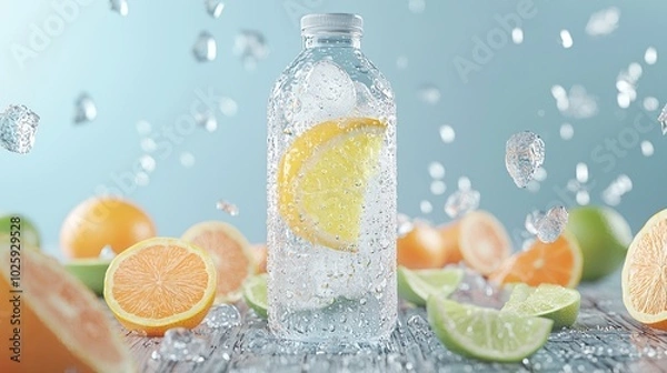 Fototapeta Refreshing Citrus Infused Water Bottle on Wooden Surface with Ice and Droplets - Summer Cool 8K Photo Realistic Image