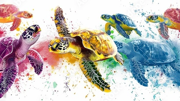 Fototapeta Coastal seamless vector repeat pattern with simple tonal color sea turtle silhouettes on white background in pink, yellow, green and blue. Beach, swim, poolside, kids, boys, gender neutral backdrop