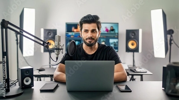 Obraz A tech-savvy young man at a sleek desk setup with dual monitors, a laptop, and speakers, immersed in work in a stylish, minimalist office environment.