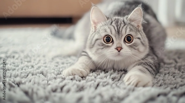 Fototapeta A charming and whimsical scene featuring a cute cat with a tail resembling a carpet brush, designed to keep carpets clean and cozy. This playful feline is always ready to share valuable carpet care