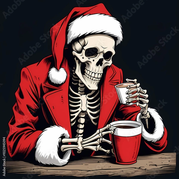 Fototapeta A humorous illustration of a skeleton dressed as Santa Claus, wearing a Santa hat and a red coat, holding a steaming mug of hot chocolate.