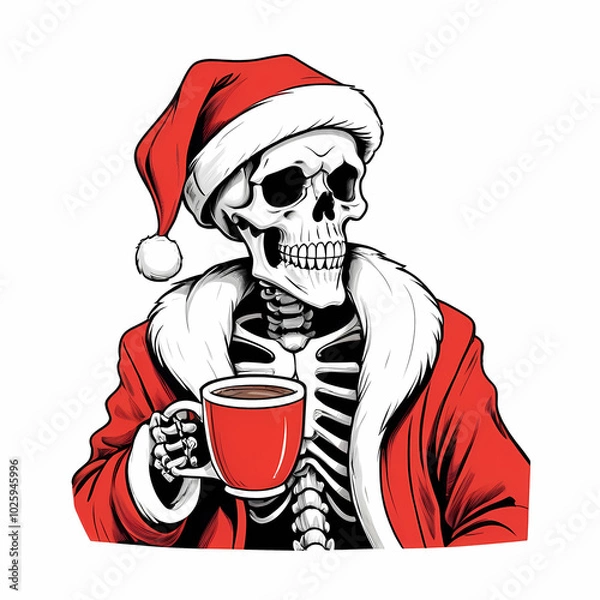 Fototapeta A humorous illustration of a skeleton dressed as Santa Claus, wearing a Santa hat and a red coat, holding a steaming mug of coffee.
