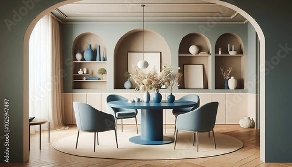 Obraz A modern dining room with a blue color palette, featuring a round table, stylish chairs, decorative vases, and natural light, creating a cozy yet sophisticated ambiance.