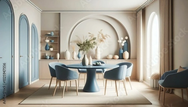 Obraz A chic modern dining room with a blue-themed color palette, showcasing a round table, stylish chairs, and decorative vases. Natural light floods the space, creating a sophisticated yet cozy ambiance.