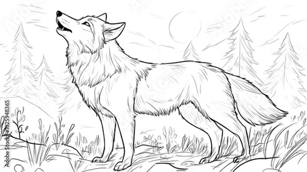 Fototapeta A majestic wolf howling at the moon, standing on a small hill, simple tree silhouettes in the background, bold lines, low details, no shading, child-friendly design,