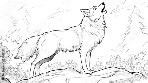 Fototapeta A majestic wolf howling, standing on a rock with a simple tree silhouette behind, surrounded by small bushes, bold lines, low details, no shading, child-friendly design,