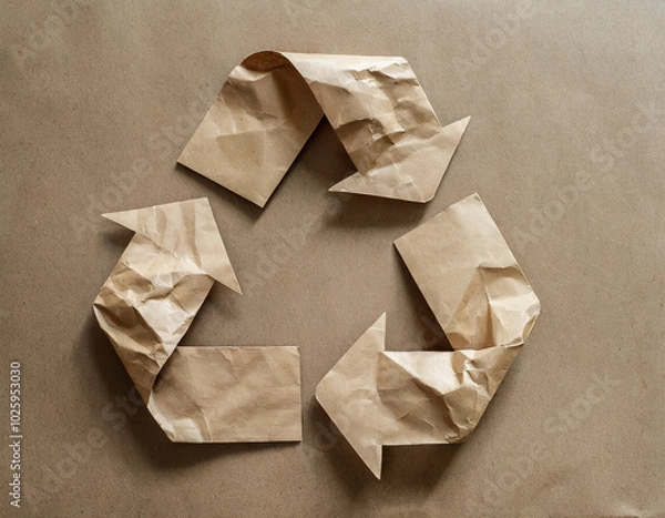 Fototapeta Crumpled brown paper arrows create a recycling symbol on a neutral background, promoting sustainability