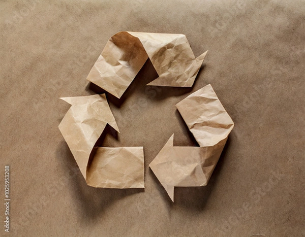 Fototapeta A recycled paper symbol made from crumpled brown paper on a textured background
