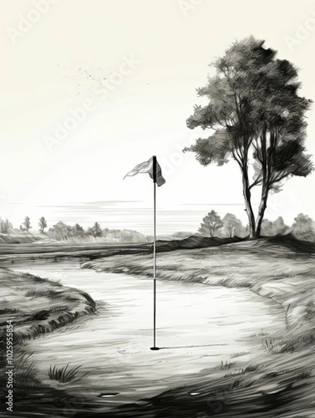 Obraz Black and White Illustration of a Golf Course with a Flag and a Tree