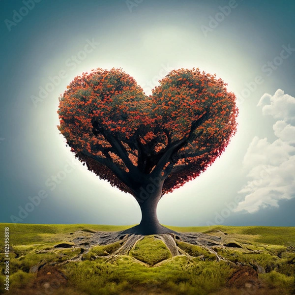 Fototapeta A heart-shaped tree stands in a vibrant landscape under a clear sky during sunset