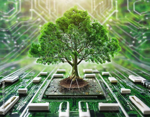 Obraz A lush tree growing from a computer chip on a circuit board with vibrant green light surrounding it